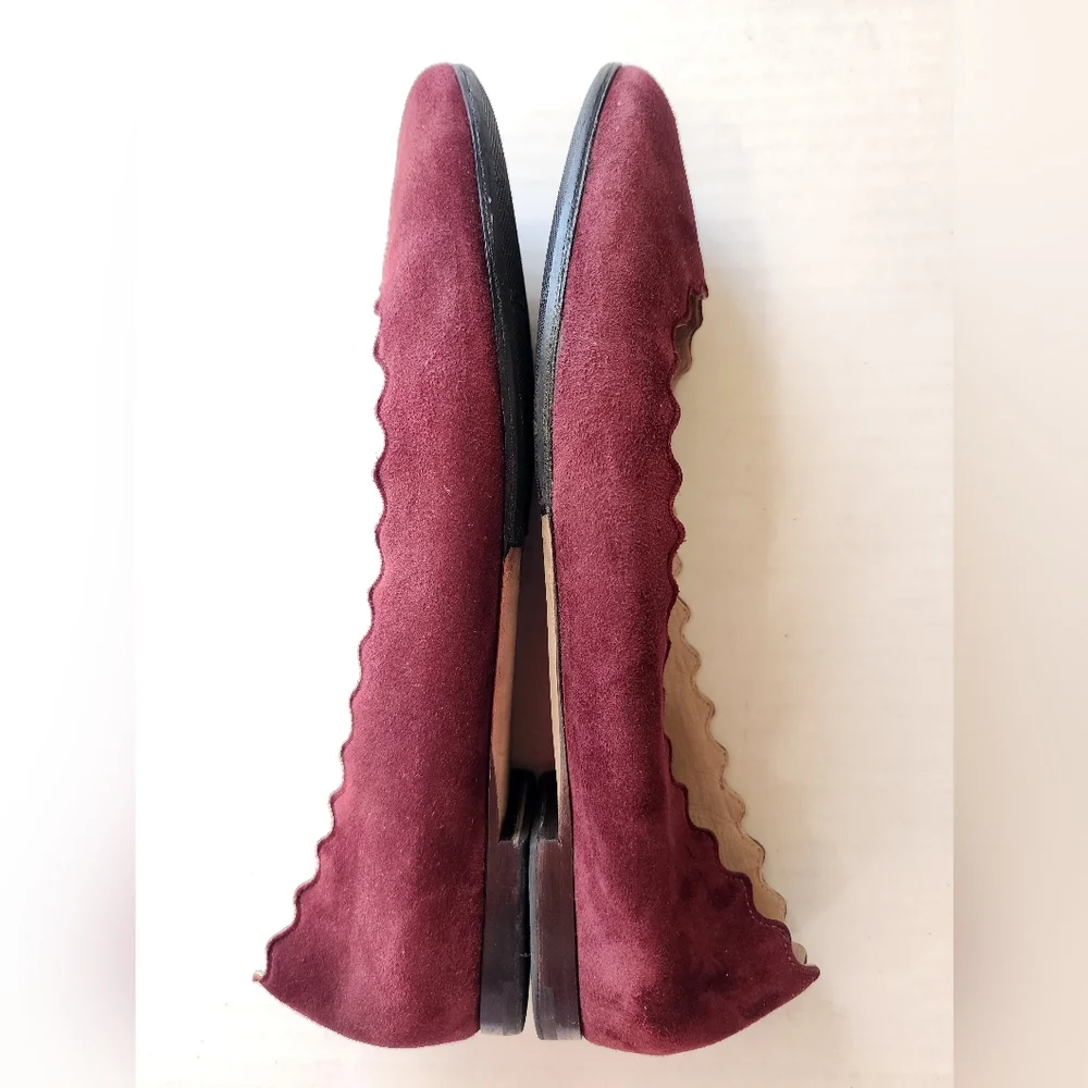 Chloe | Lauren Suede Scalloped Burgundy‎ Suede Flats 7.5